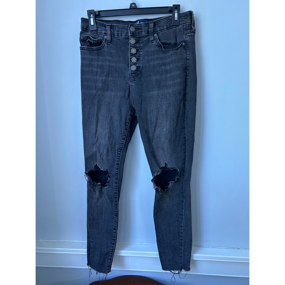 Gap Denim High Rise Legging Jeans Washed Black Distressed Button Fly 8/29 Reg